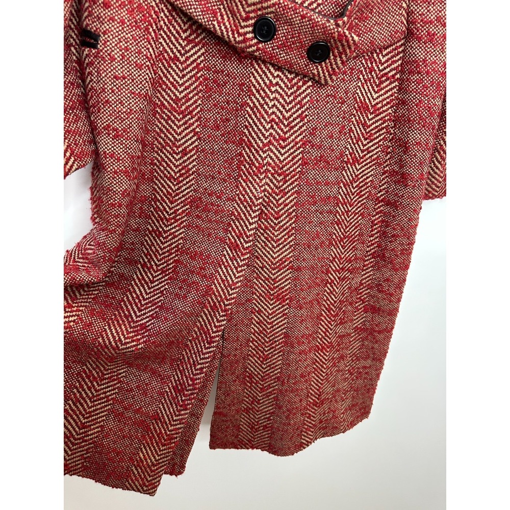 Barneys New York Herringbone Wool Tweed Overcoat Red Tan Italy Size 8 Long Coat - Picture 10 of 16
